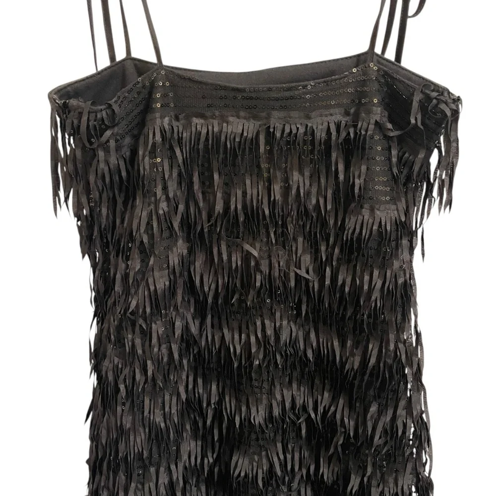Zara Black Sequined Fringed Spaghetti Strap Mini Dress Lined Black Size Small